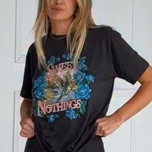 Spell Sweet Nothings Biker tee NWT S Graphic Black T-Shirt with Blue Accents